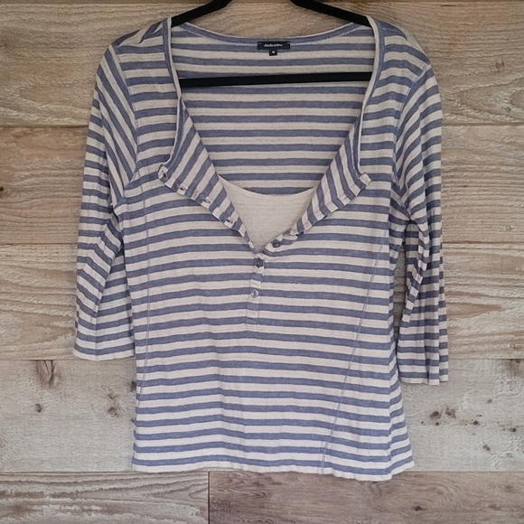 Claudia Strater Tan and Gray Striped Linen Henley Size 40 (Medium) - Picture 1 of 8